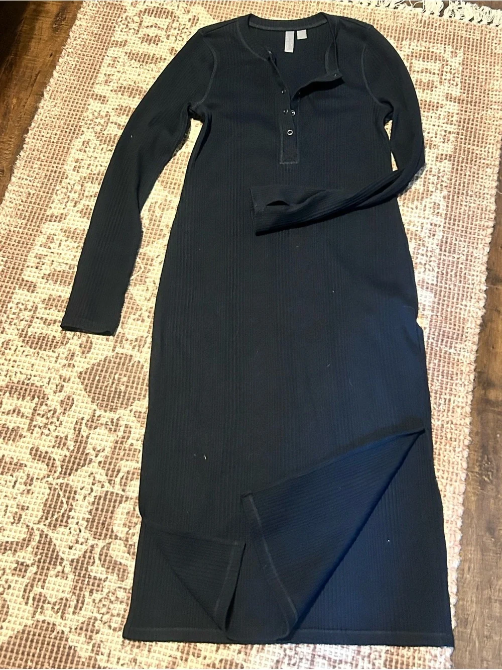 Sweaty Betty Black Ribbed Long-Sleeve Maxi Henley Dress